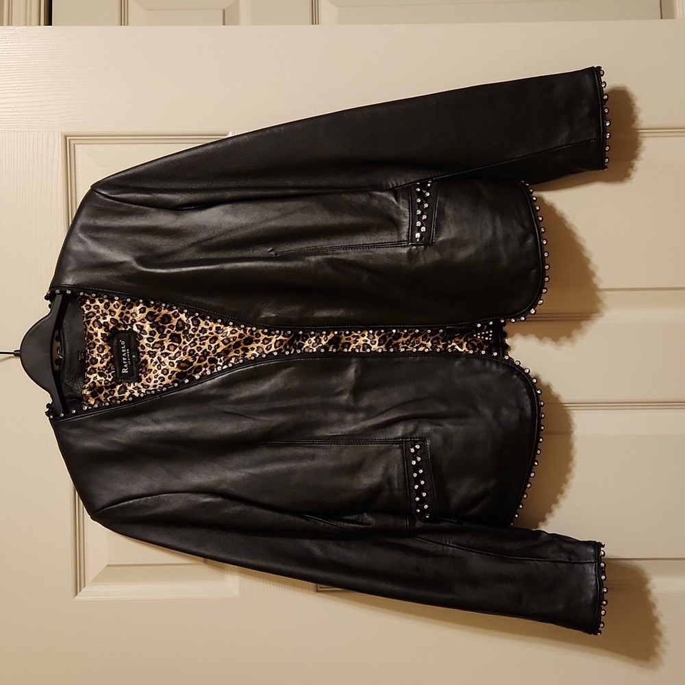 Raffaelo black leather jacket with rhinestones, like new, small